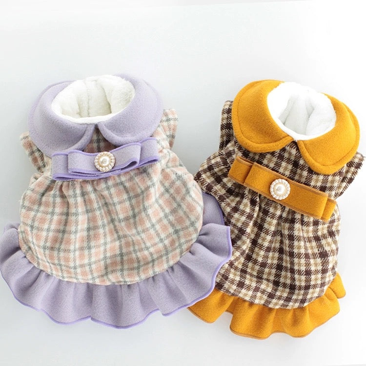 Pearl Bowknot Plaid Dog Cat Dress Coat