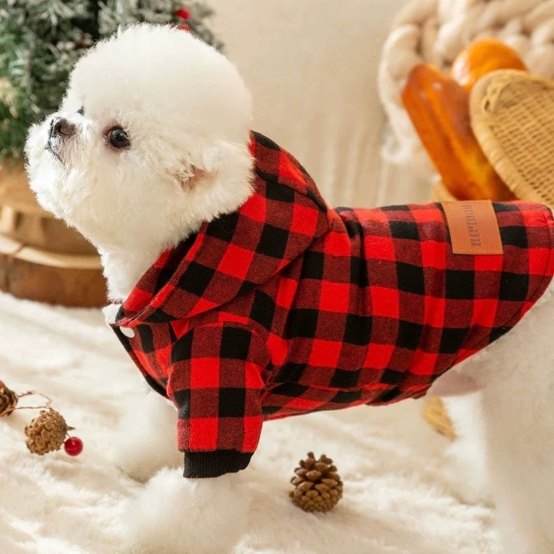 Fleece Plaid Dog Cat Hoodie With Hat