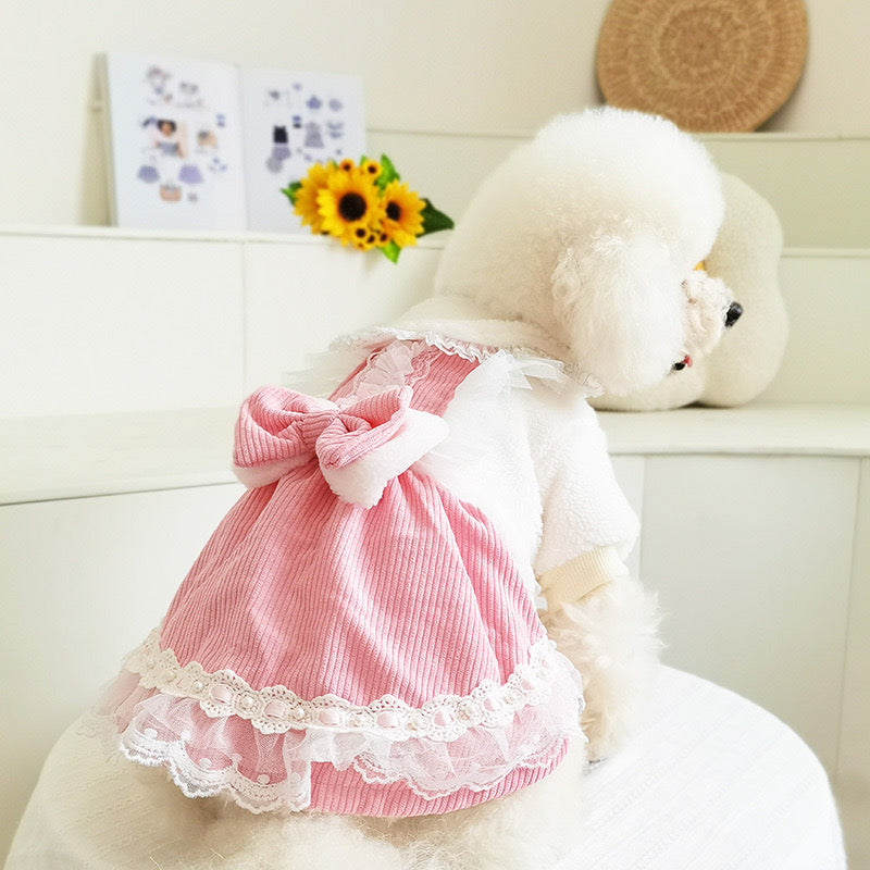 Fleece Bowknot Lace Collar Dog Cat Dress Coat