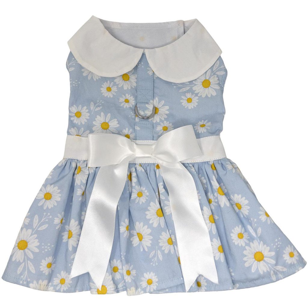 Blue Daisy Harness Dog Dress With Matching Leash