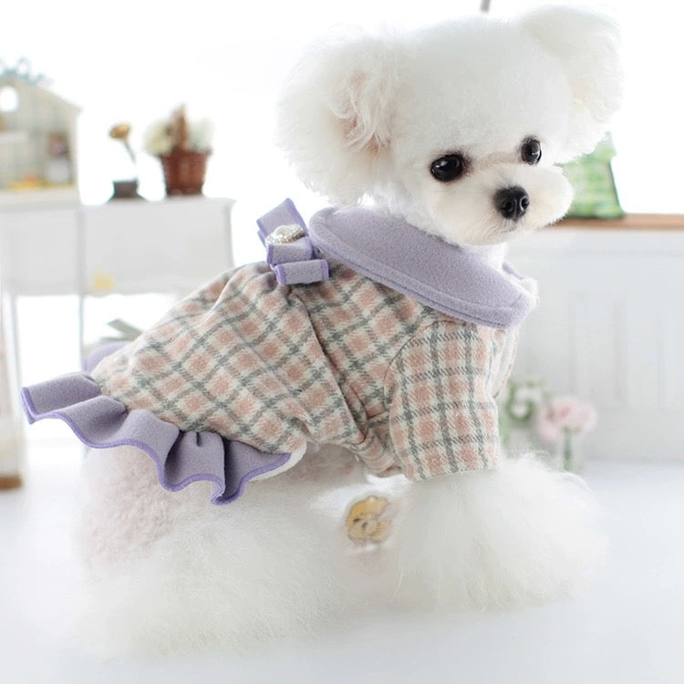 Pearl Bowknot Plaid Dog Cat Dress Coat