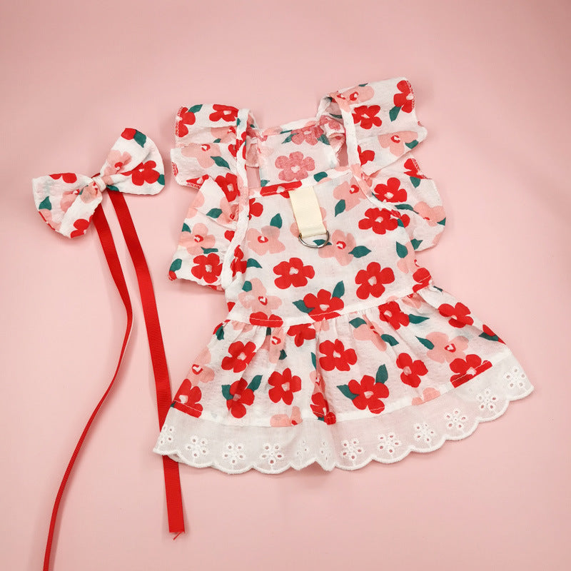 Red Flowered Dog Cat Dress With Bow