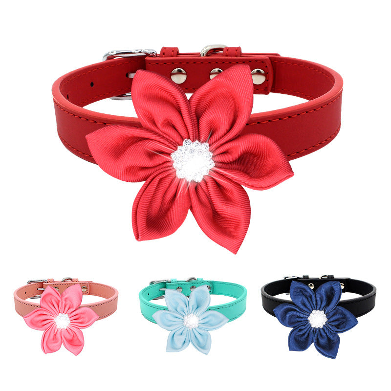 Flower Decor Leather Dog Cat Collar