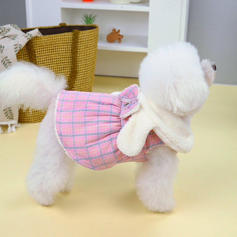 Plaid Fleece Ear Dog Harness Dress Coat