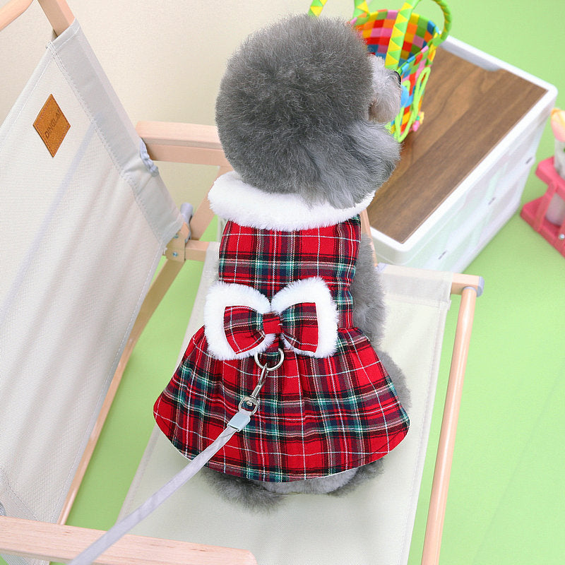 Plaid Fleece Bowknot Dog Harness Dress Coat