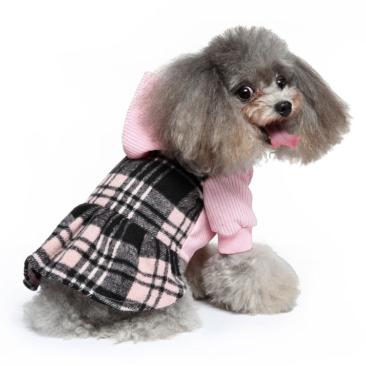 Fleece Plaid Dog Dress Coat With Hat