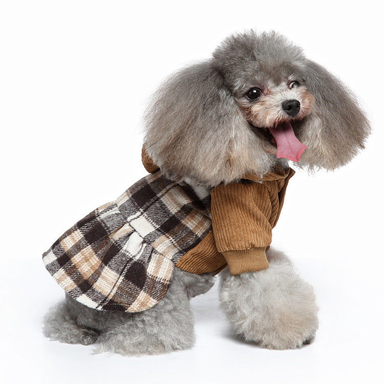 Fleece Plaid Dog Dress Coat With Hat