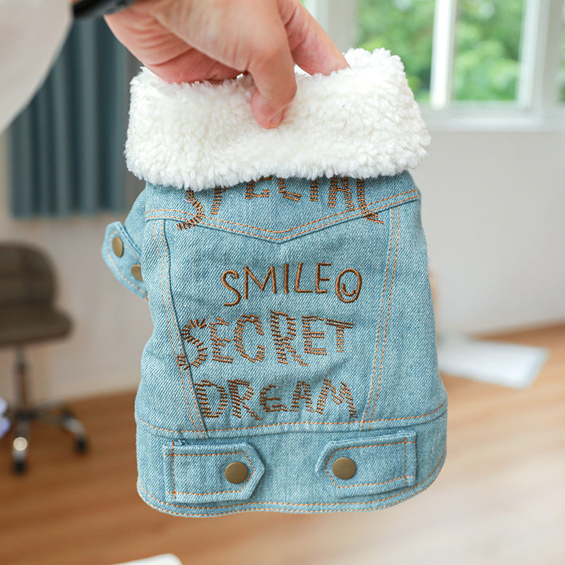 Letter Printed Fleece Denim Pet Coat