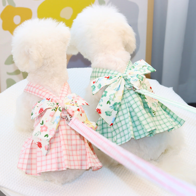 Plaid Floral Dog Harness Dress With Leash