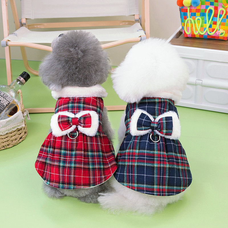 Plaid Fleece Bowknot Dog Harness Dress Coat