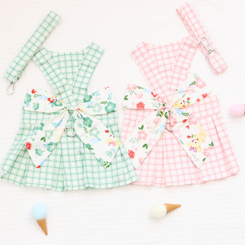 Plaid Floral Dog Harness Dress With Leash