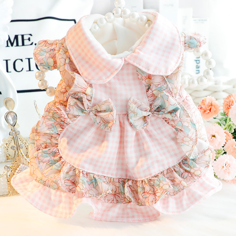 Sweet Fleece Floral Plaid Bow Dog Cat Dress