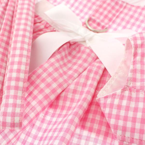 Pink Gingham/White Satin Ribbon Dog Harness Dress, Leash And Hat Medium