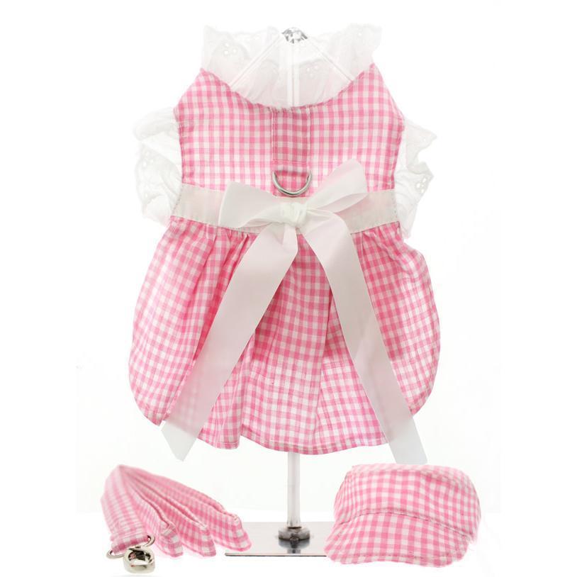 Pink Gingham/White Satin Ribbon Dog Harness Dress, Leash And Hat Medium