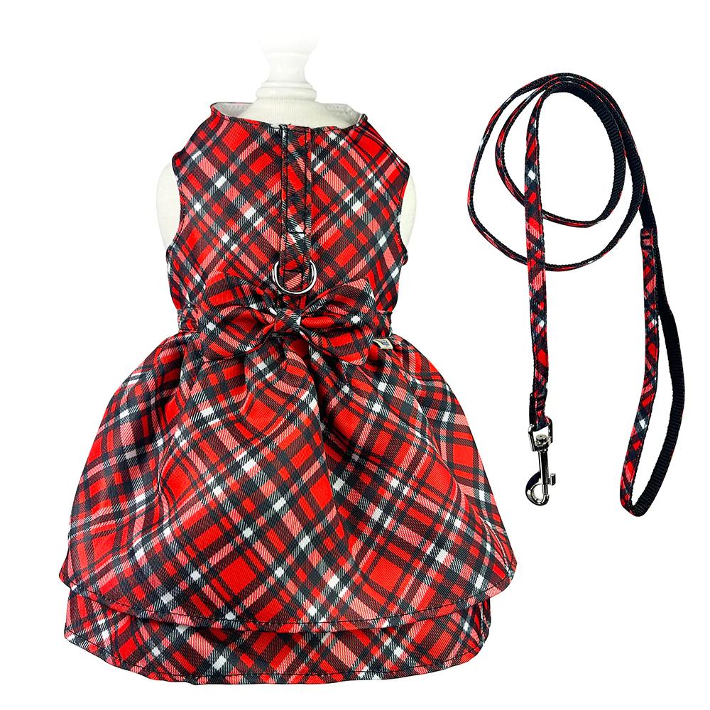 Red Plaid Dog Harness Dress With Matching Leash