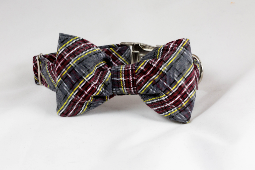 Maroon And Gray Preppy Plaid Bow Tie Dog Collar–Baylor School