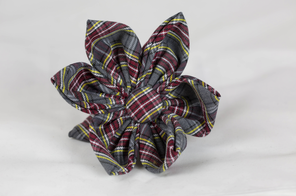 Maroon And Gray Plaid Girl Dog Flower Bow Tie–Baylor School