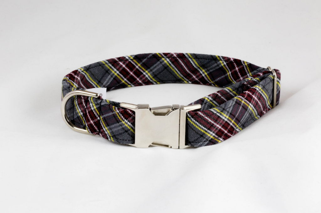 Maroon And Gray Preppy Plaid Dog Collar–Baylor School