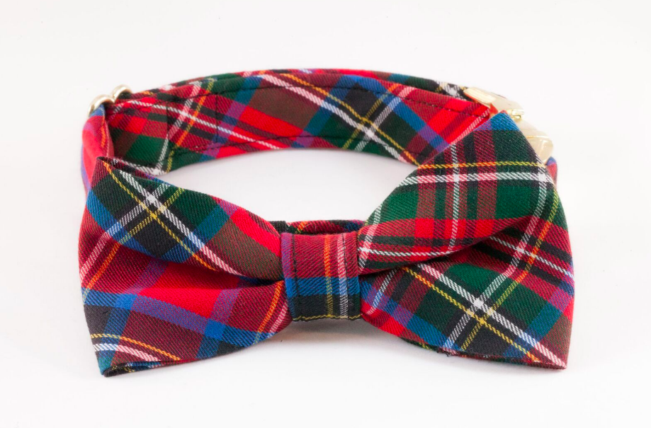 Red Scottish Tartan Plaid Bow Tie Dog Collar