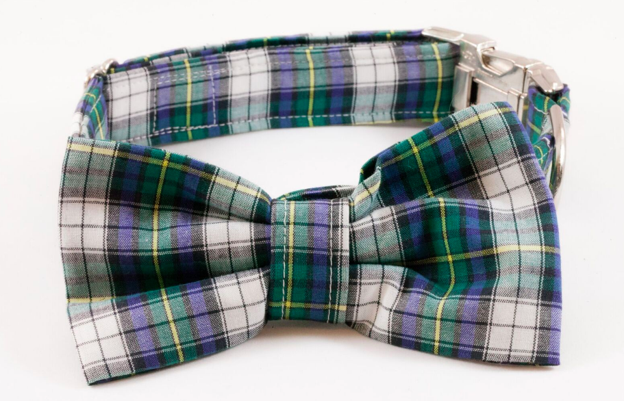 Green And Blue Prep School Plaid Bow Tie Dog Collar