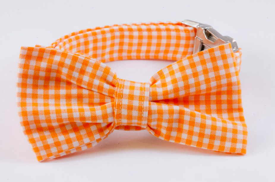 Preppy Orange Gingham Dog Bow Tie Collar