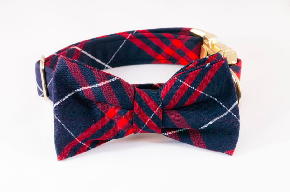 Navy And Red Old South Plaid Dog Bow Tie Collar