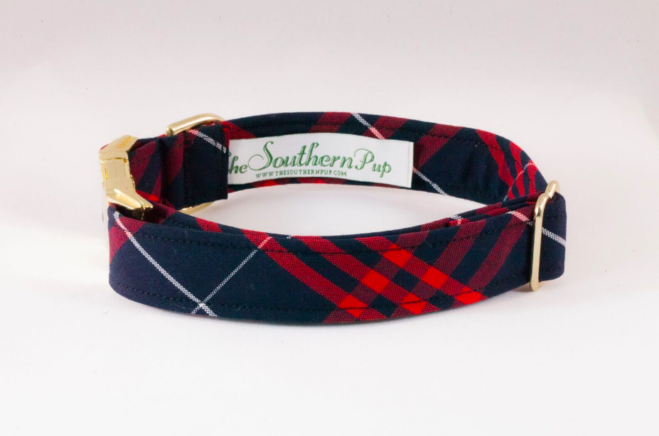 Navy And Red Old South Plaid Dog Collar