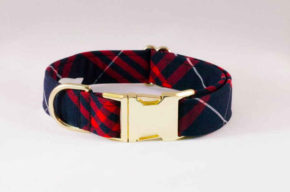 Navy And Red Old South Plaid Girl Dog Flower Bow Tie Collar