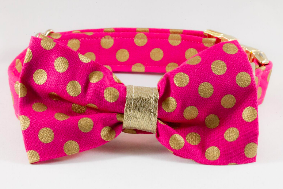 Valentine’s Day Pink And Gold Polka Dot Dog Bow Tie Collar