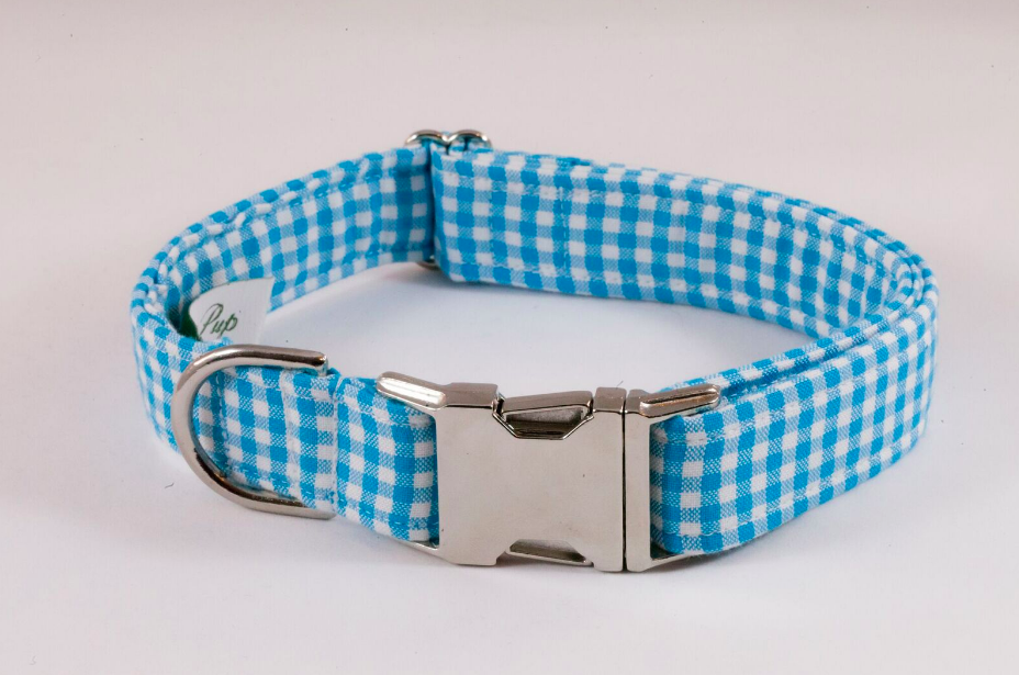 Preppy Aqua Blue Gingham Girl Dog Flower Bow Tie Collar