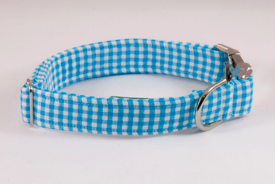 Preppy Aqua Blue Gingham Dog Collar