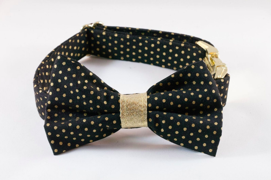 Black And Gold Polka Dot Bow Tie Dog Collar