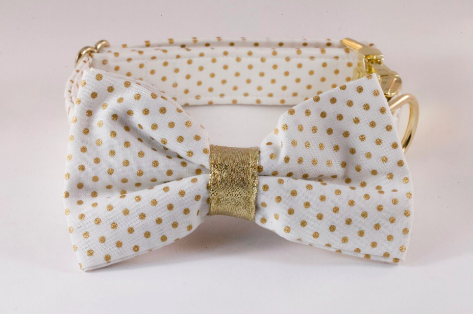 White And Gold Polka Dot Dog Bow Tie Collar