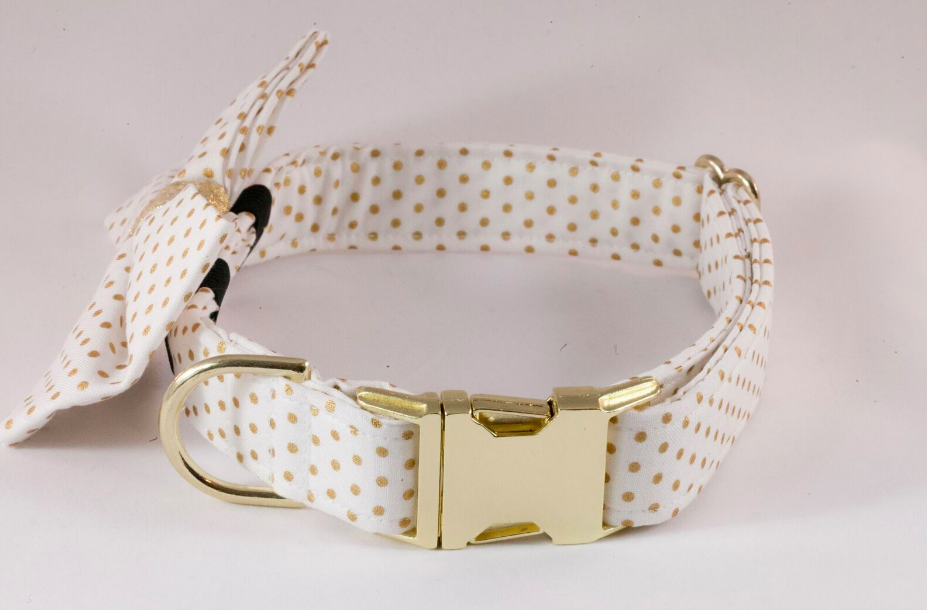 White And Gold Polka Dot Dog Bow Tie Collar