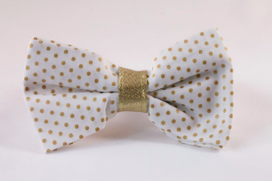 White And Gold Polka Dot Dog Bow Tie