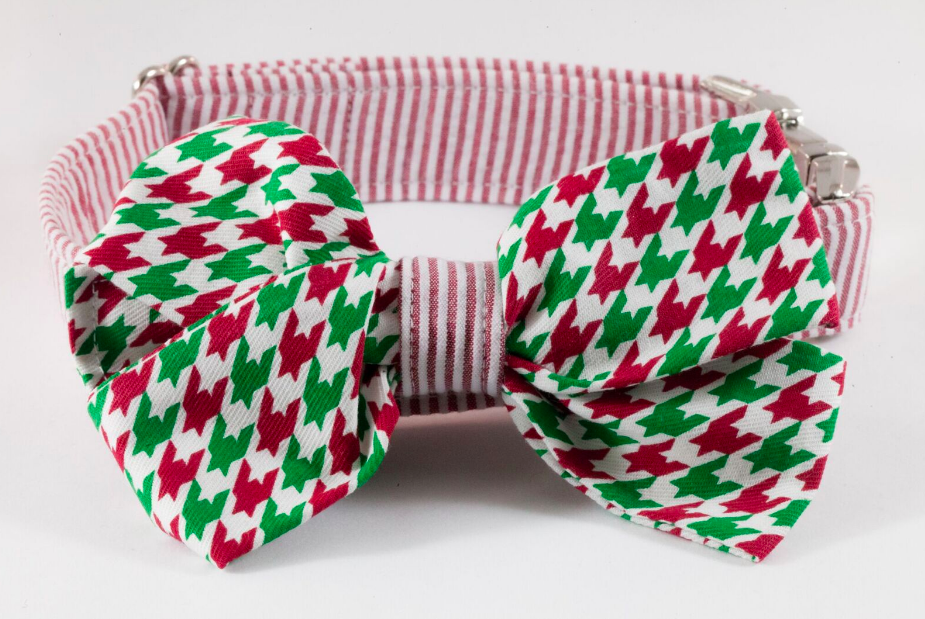 Green And Red Christmas Houndstooth Seersucker Girl Bow Tie Dog Collar