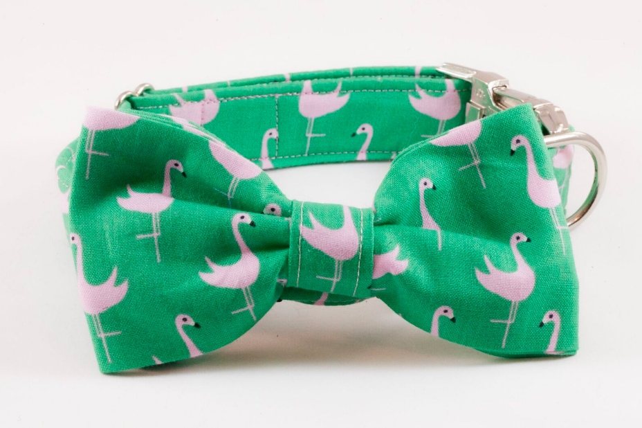 Preppy Green And Pink Flamingo Bow Tie Dog Collar