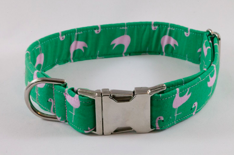 Preppy Green And Pink Flamingo Dog Collar