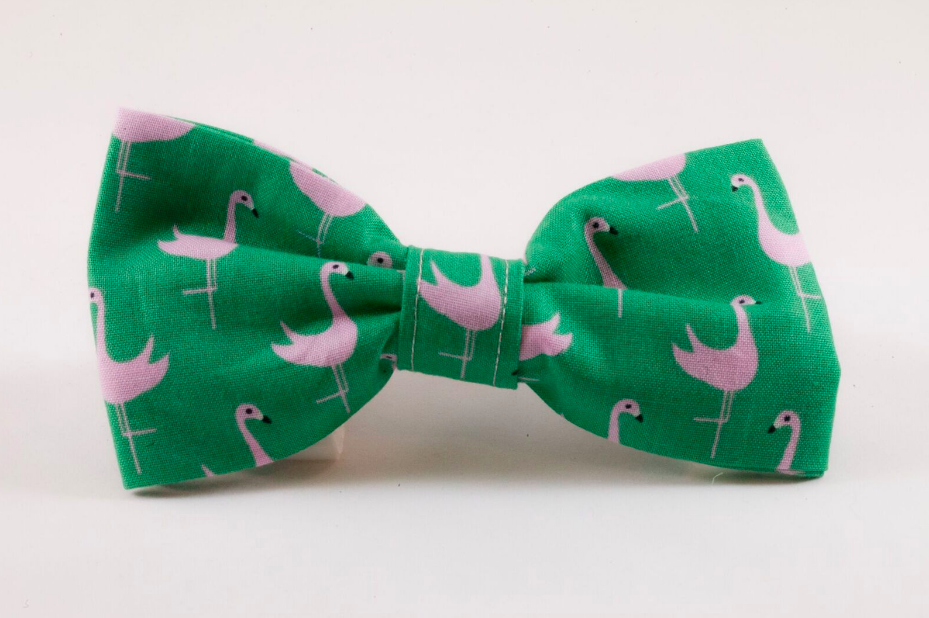 Preppy Green And Pink Flamingo Dog Bow Tie