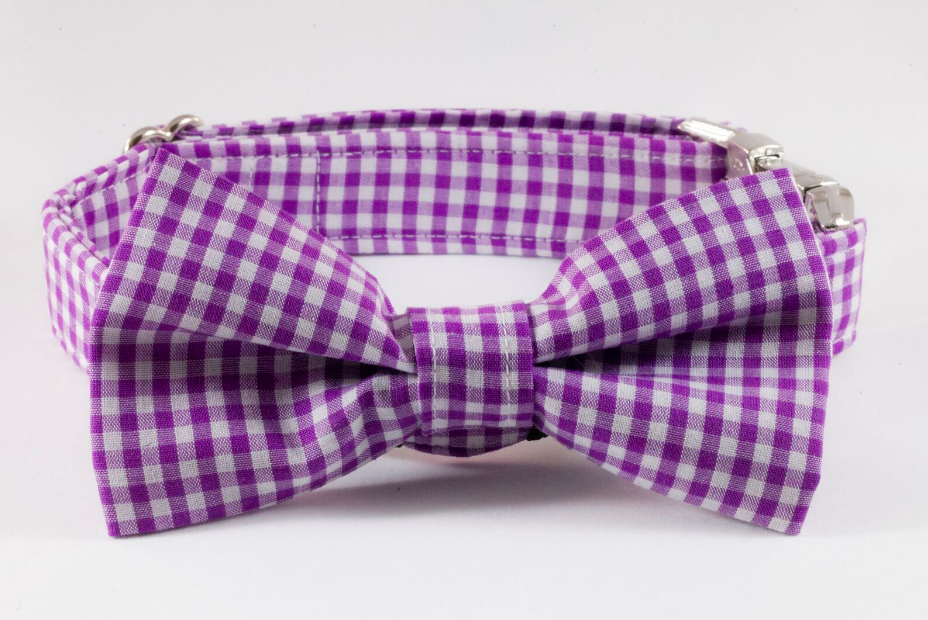 Preppy Purple Gingham Dog Bow Tie Collar