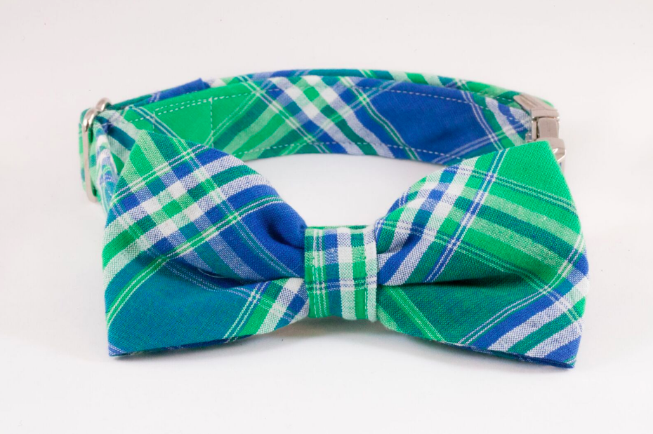 Preppy Green And Blue Madras Plaid Bow Tie Dog Collar