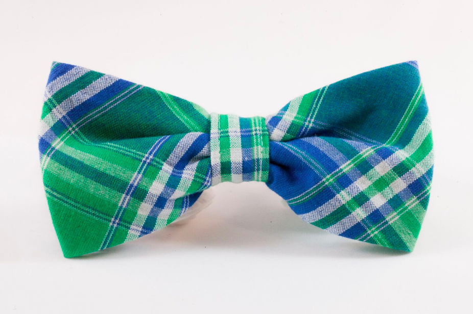 Preppy Green And Blue Madras Plaid Dog Bow Tie