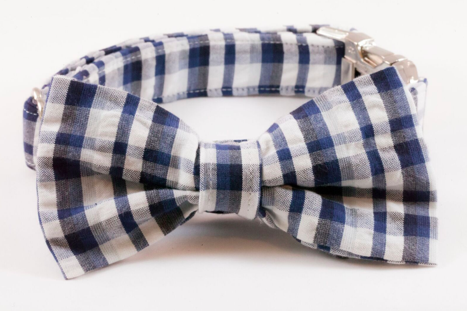 Navy Madras Plaid Bow Tie Dog Collar