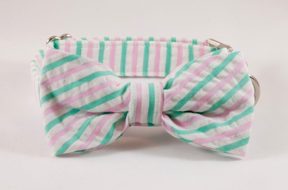 Preppy Pink And Green Seersucker Bow Tie Dog Collar