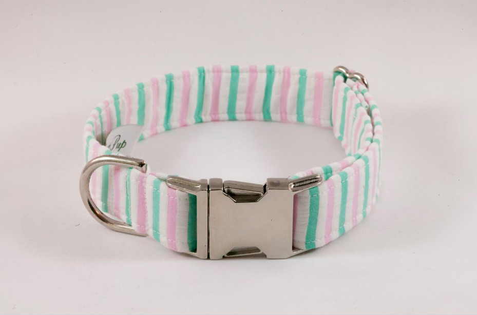 Preppy Pink And Green Seersucker Dog Collar