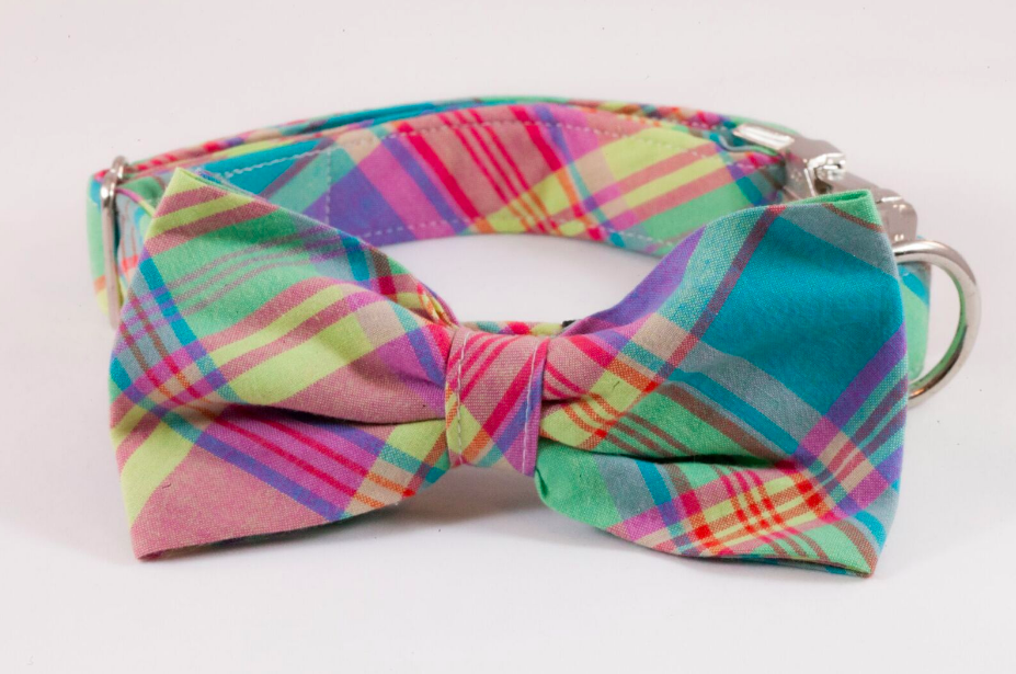 Preppy Pink Madras Plaid Bow Tie Dog Collar