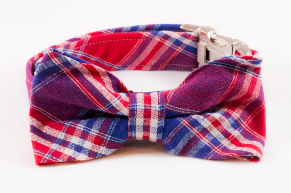 Red White And Blue Americana Plaid Bow Tie Dog Collar