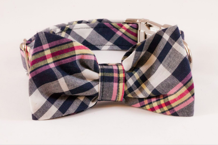 Navy And Pink Madras Bow Tie Dog Collar