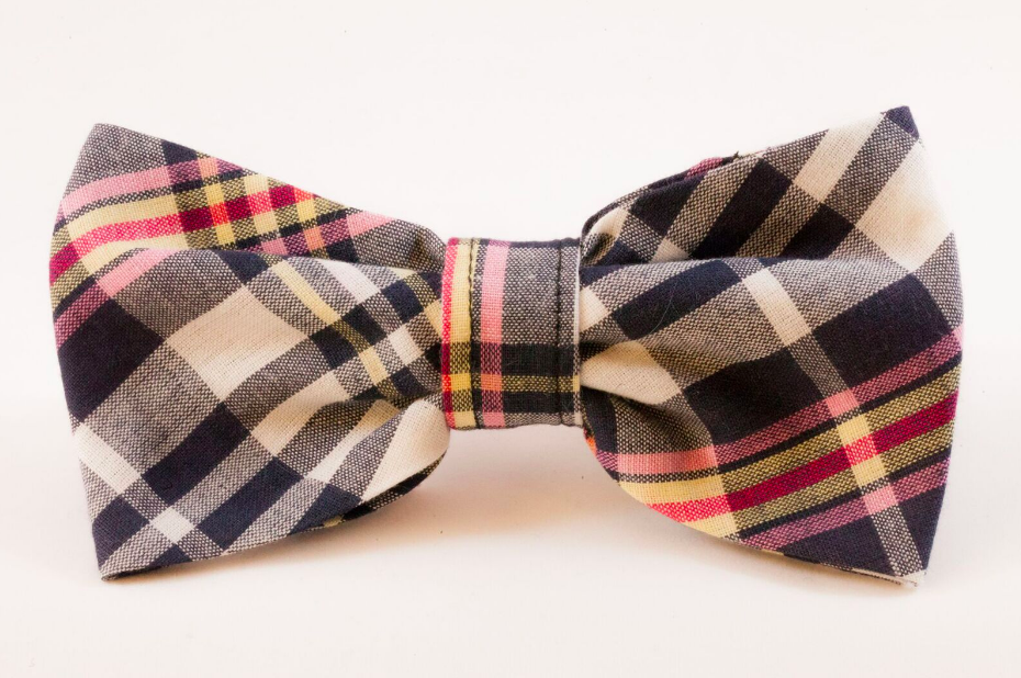 Navy And Pink Madras Bow Tie Dog Collar