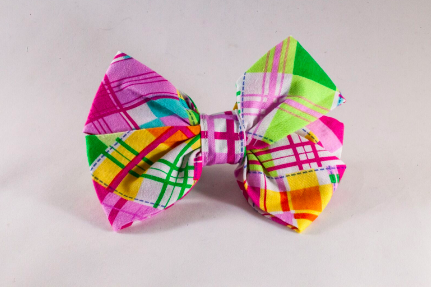 Preppy Pink And Yellow Madras Girl Dog Bow Tie